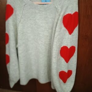CeCe Light Gray Sweater with Red Heart Sleeves. Worn once, in new condition.